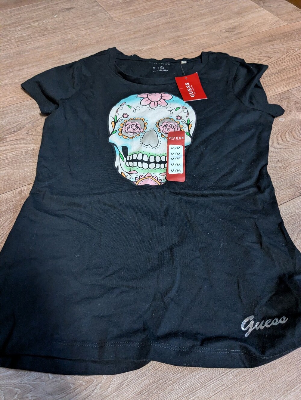 Guess Black Short Sleeve Tee with Colorful Floral Sugar Skull